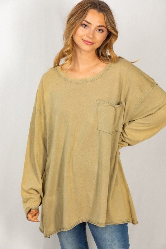 Olive Long Sleeve Solid Knit Washed Cotton Top