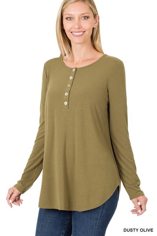 Long Sleeve Dolphin Hem Shell Button Top in Plus ***MULTIPLE COLORS***