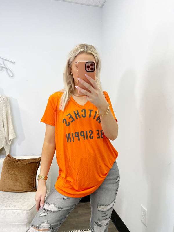 Witches Be Sippin Orange V-Neck Short Sleeve Top