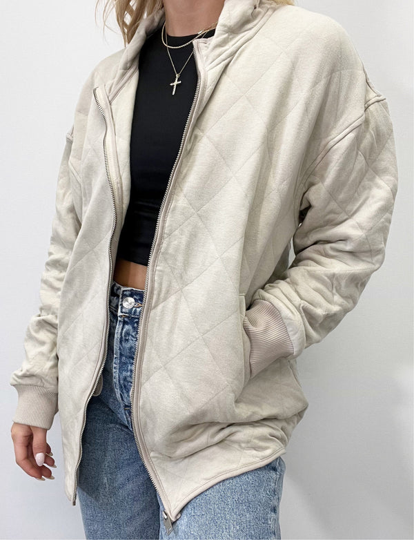 LONG SLEEVE HIGH NECK JACKET WITH FRONT ZIPPER CLOSURE-TAUPE