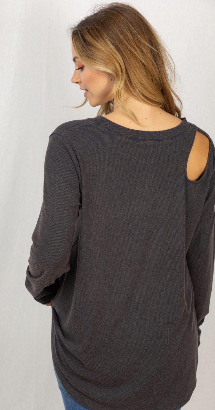 Long Sleeve Knit top with Shoulder Detail-Charcoal