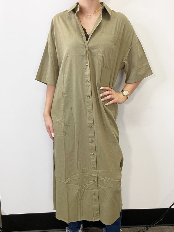 Short Sleeve Button Down Linen Top/Dress in Olive