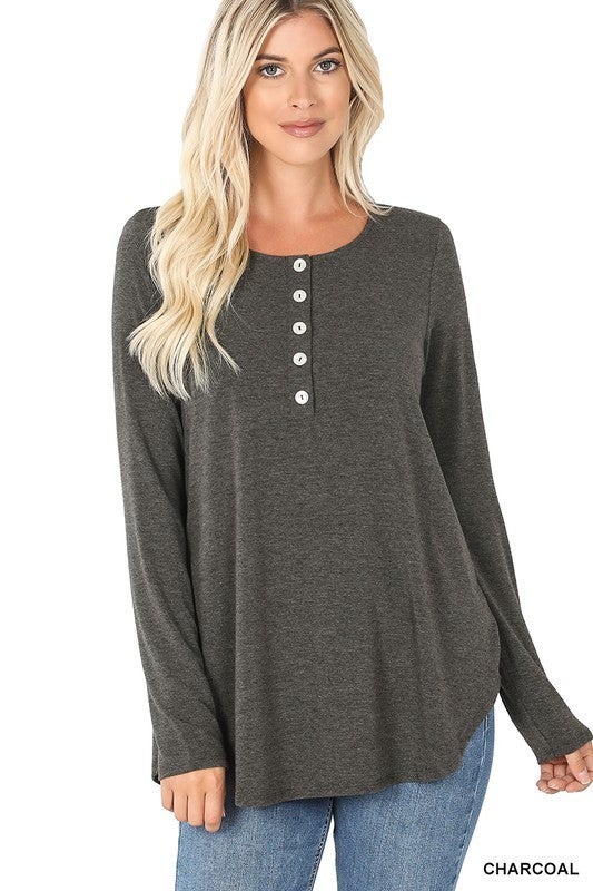 Long Sleeve Dolphin Hem Shell Button Top in Plus ***MULTIPLE COLORS***