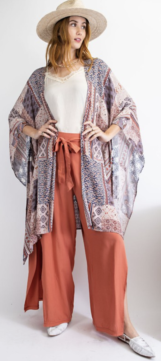 Mauve Patchwork Printed Rayon Kimono