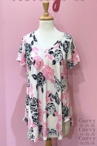 Ivory & Pink Floral  V-Neck Top