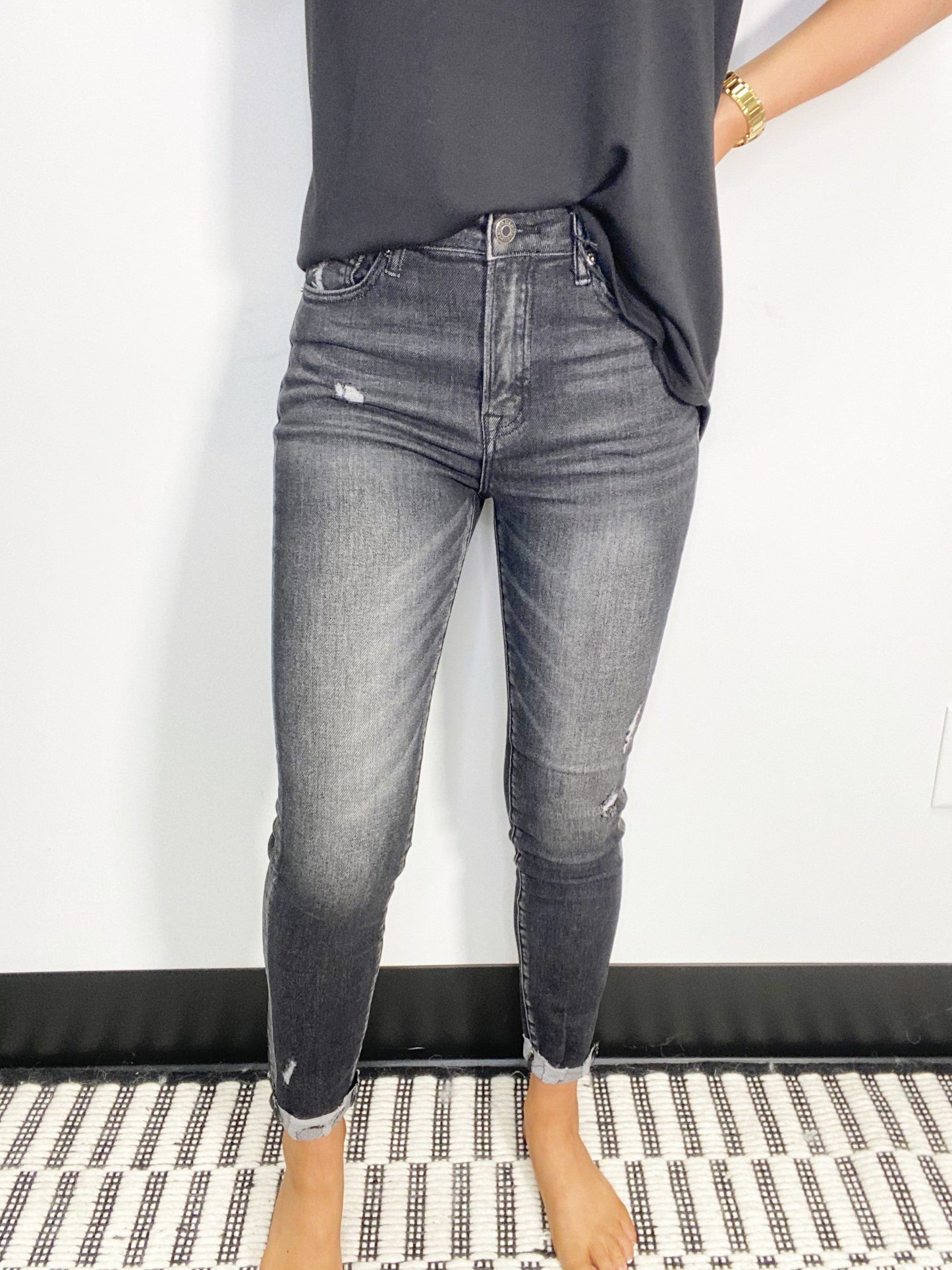 RISEN High Rise Vintage Black Washed Skinny Jeans w/Cuff-RISEN-Featherandvine