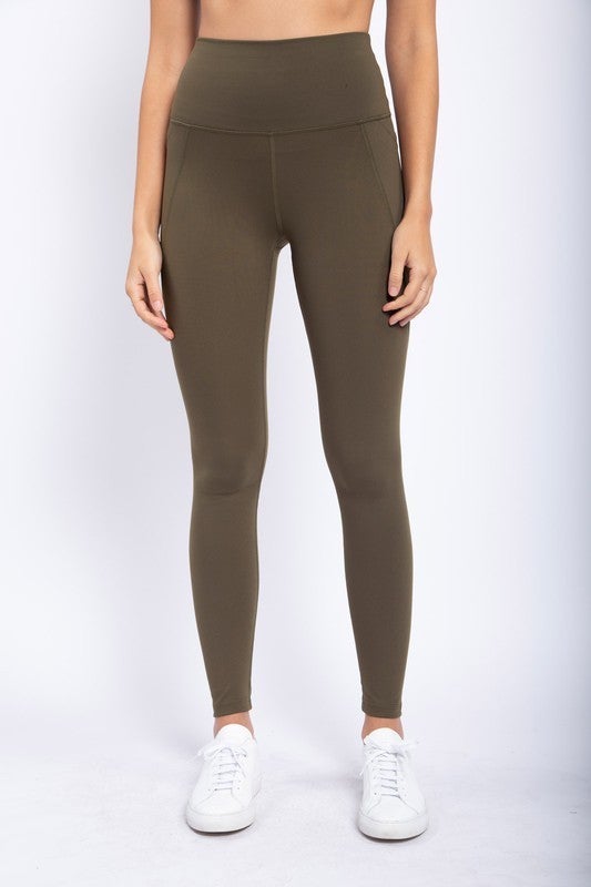 Tapered Band Essential Solid High Waist Leggings in Olive