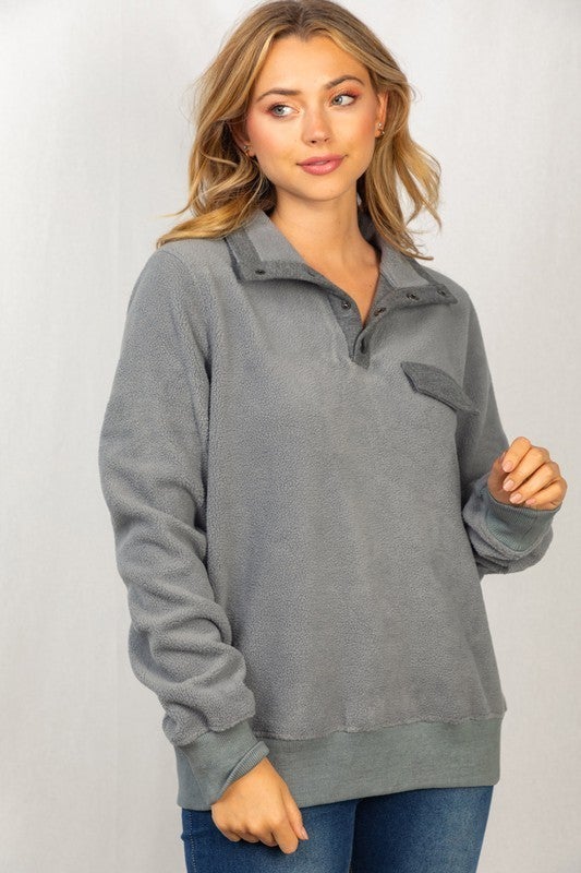 Long Sleeve Solid Sherpa Knit Pullover in Gray