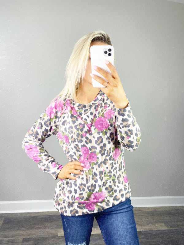 HoneyMe Leopard and Floral Top in Taupe and Magenta
