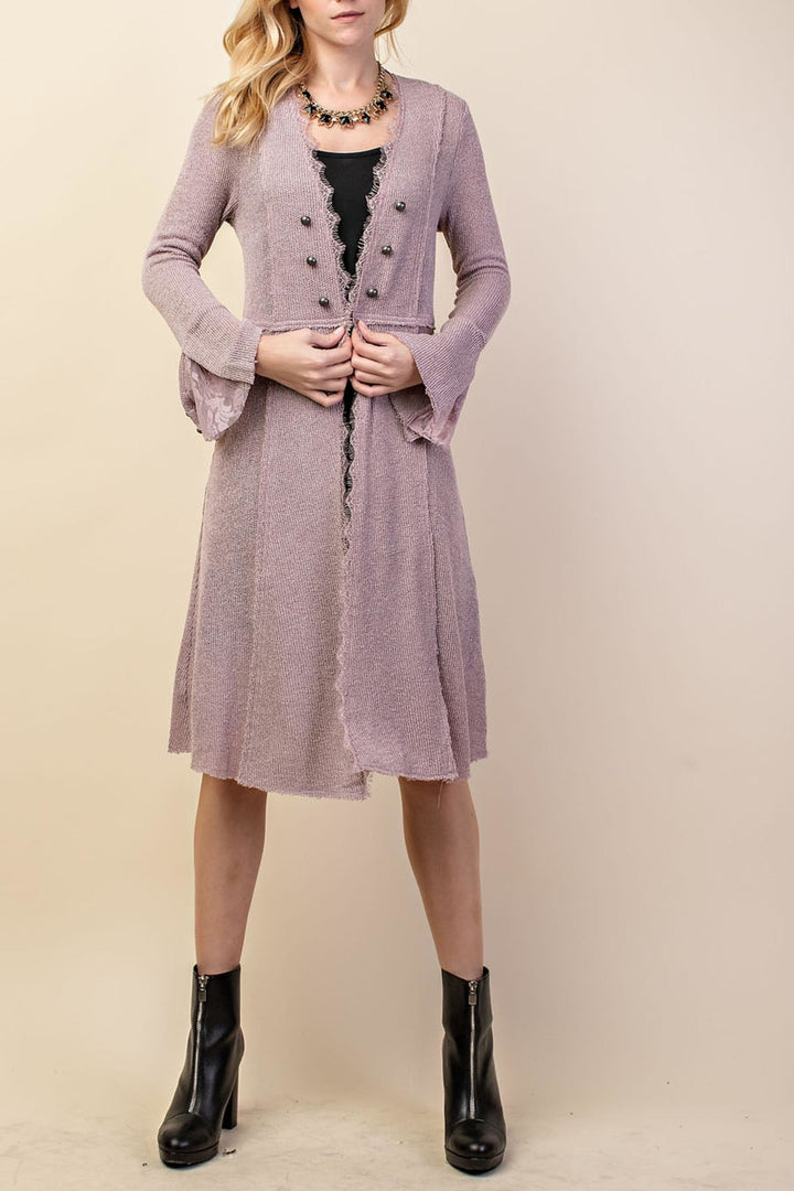 Long Open Knit Jacket with Bell Sleeves-Mauve