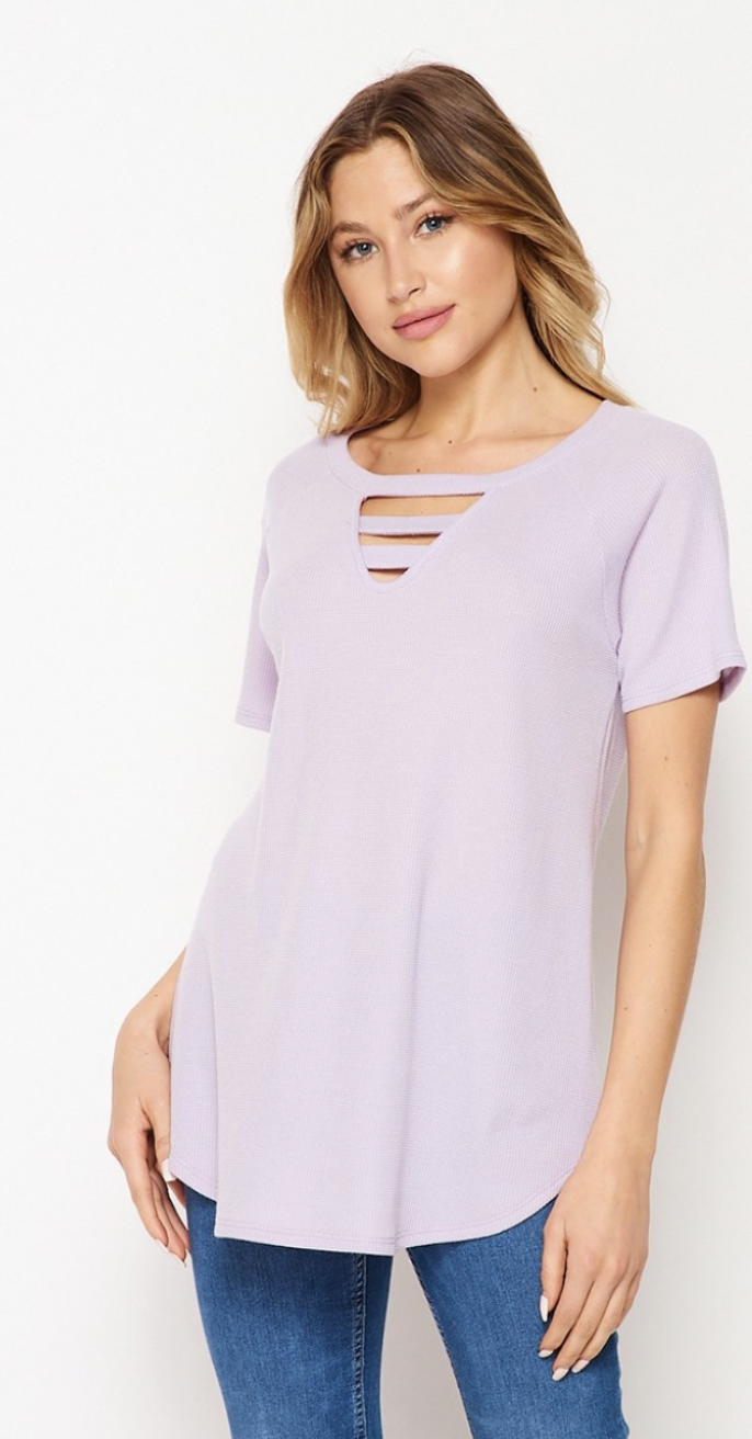 Lavender Short Sleeve Waffle Top with Caged V-neck