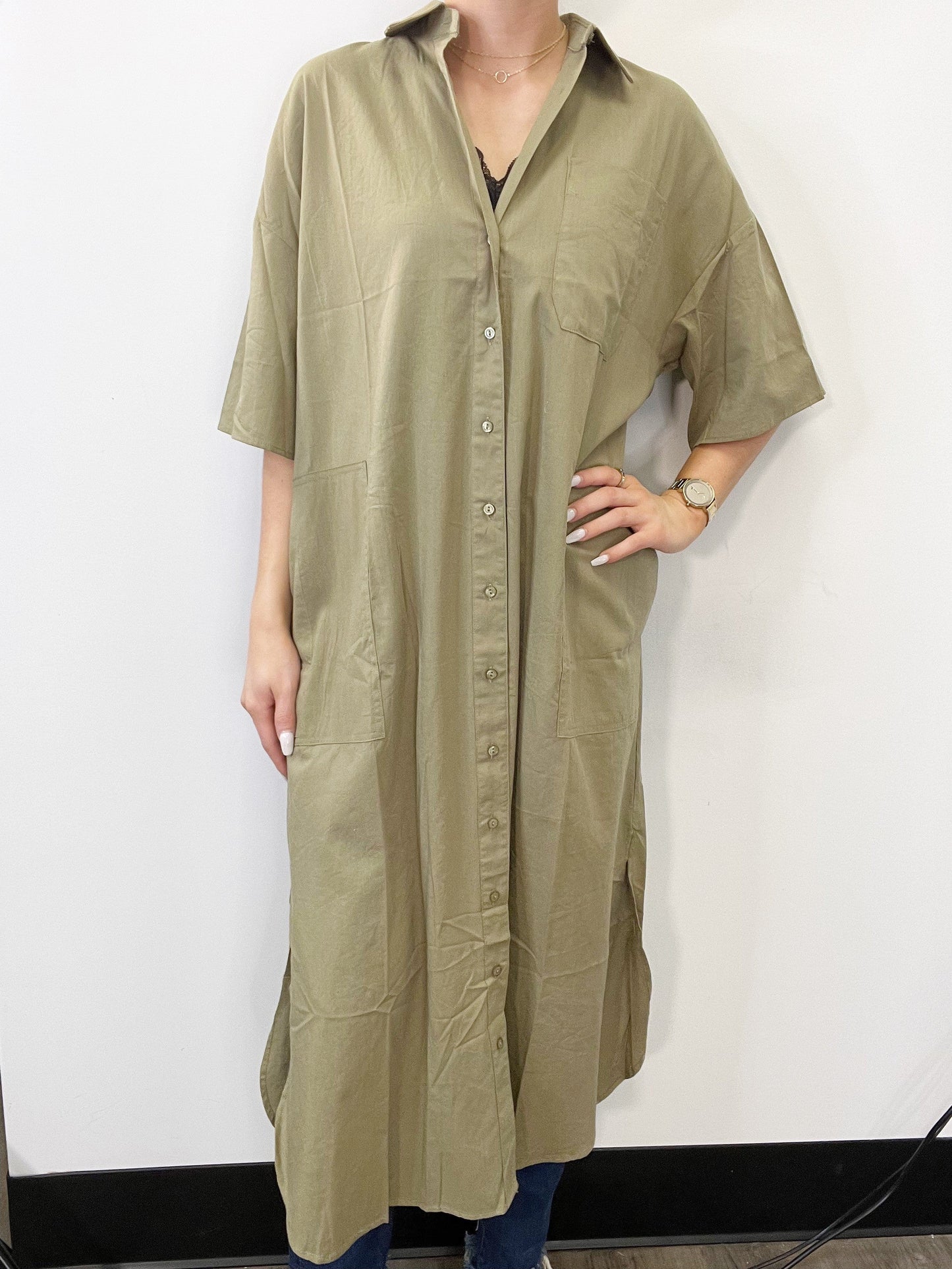 Short Sleeve Button Down Linen Top/Dress in Olive