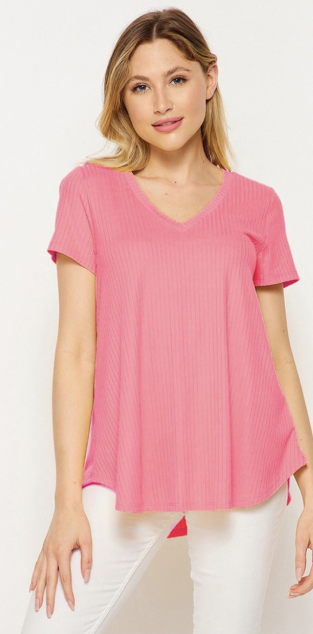 Neon Pink Ribbed V-Neck Top