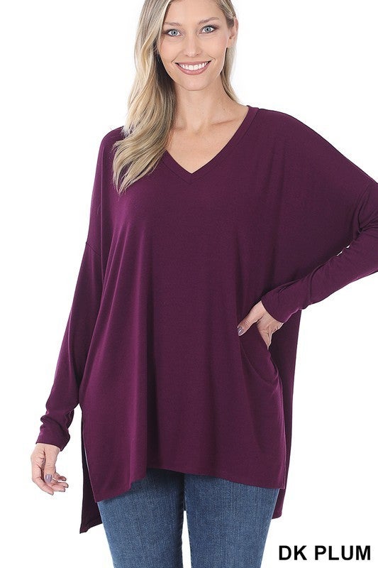 Dolman Long Sleeve V-Neck with Side Slits in Plus ***MULTIPLE COLORS***